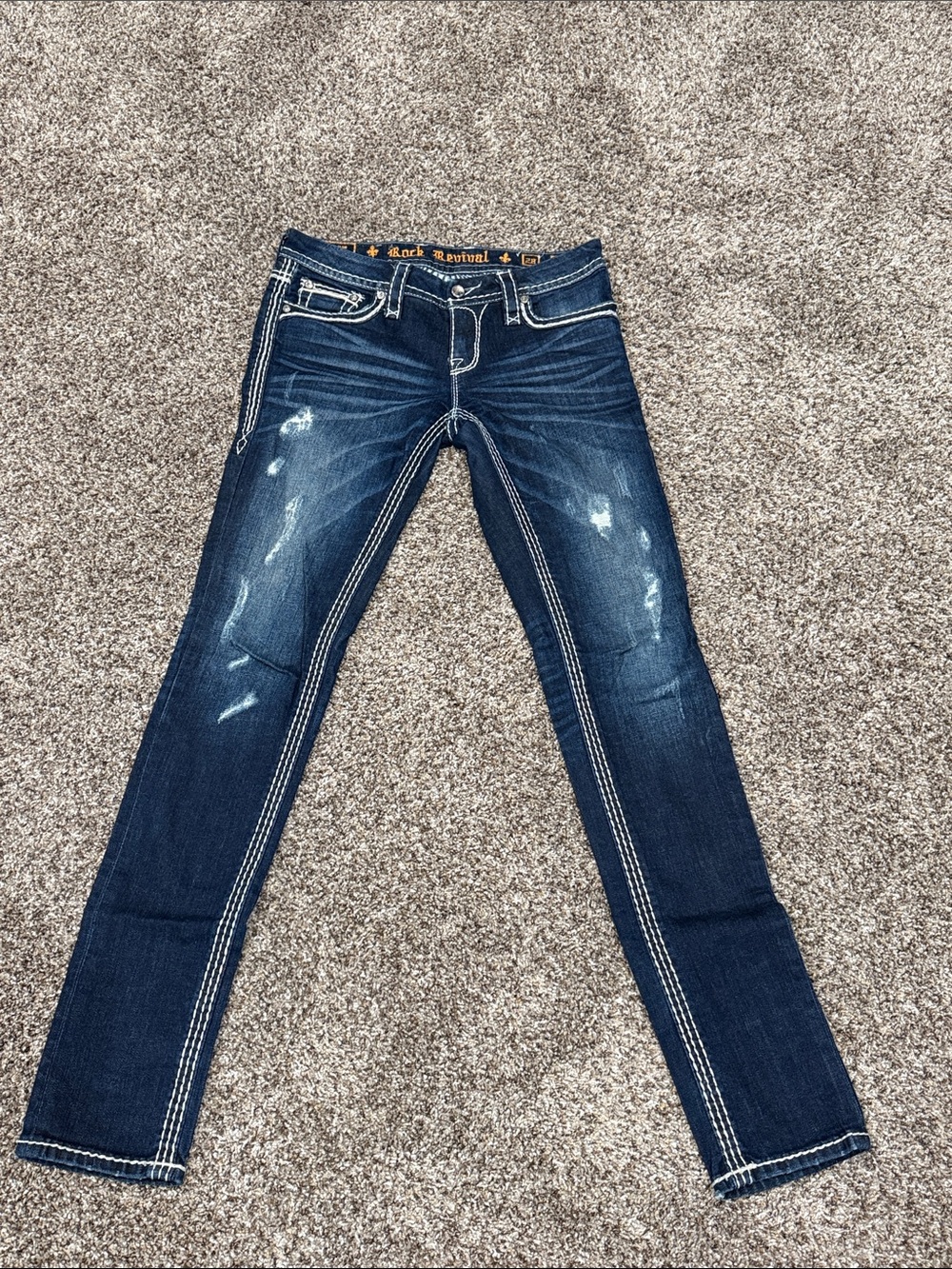 Rock Revival Dark Blue Skinny Jeans with White Contrast Stitching